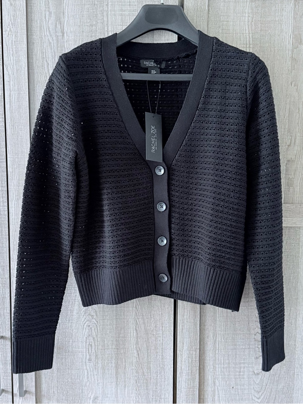 Rachel Zoe Black Open-Weave V-Neck Button Cardigan SZ.M